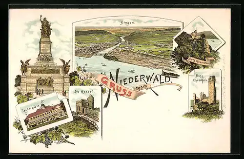 Lithographie Bingen, Teilansicht, Niederwald-Denkmal, Jagdschloss