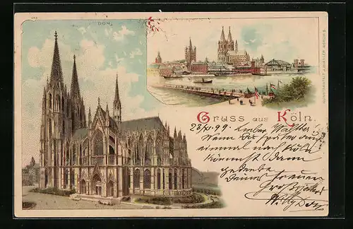 Lithographie Köln, Dom, Uferpartie mit Brücke