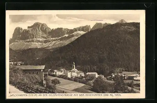 AK Welschnofen, Totalansicht mit dem Rosengarten