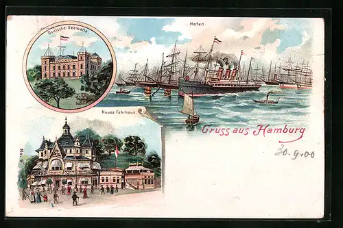 Lithographie Hamburg, Gasthaus Neues Fährhaus, Deutsche-Seewarte, Hafen