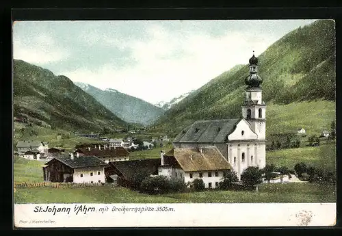 AK St. Johann i. Ahrn, Ortspartie mit Kirche und Dreiherrnspitze