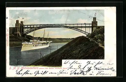 AK Kiel, SMY Hohenzollern die Levensauer Hochbrücke auf dem Kaiser-Wilhelm-Kanal passierend