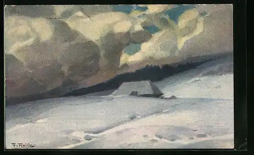Künstler-AK Fritz Reiss: Haus in Schneelandschaft unter mächtigen Wolken
