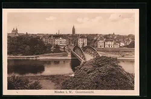 AK Minden i. W., Gesamtansicht mit Brücke