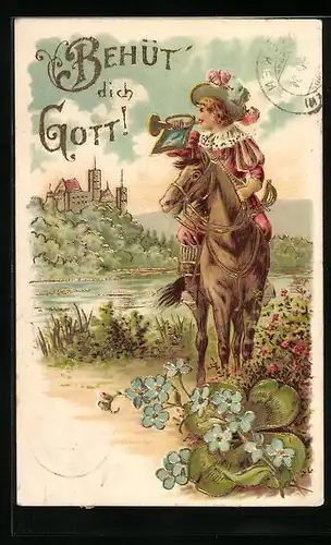 Präge-Lithographie Behüt Dich Gott!, Trompeter von Säckingen, Ausritt am Ufer, mit Gold verziert