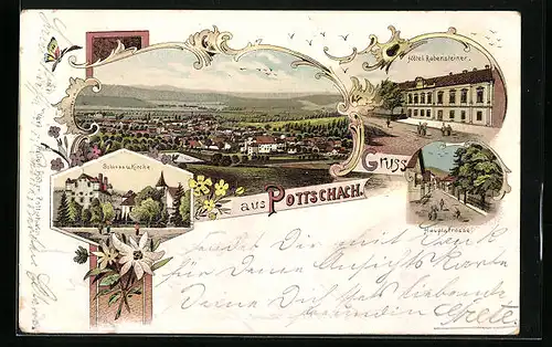 Lithographie Pottschach, Hotel Rabensteiner, Hauptstrasse, Schloss und Kirche, Panorama