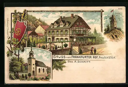 Lithographie Falkenstein, Gasthaus Frankfurter Hof mit Kirche