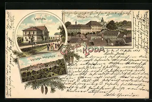 Lithographie Roda, Logierhaus mit Schützenhaus, Schloss mit Kirche und Schule