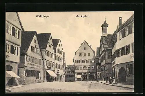 AK Waiblingen, Partie am Marktplatz mit Geschäften