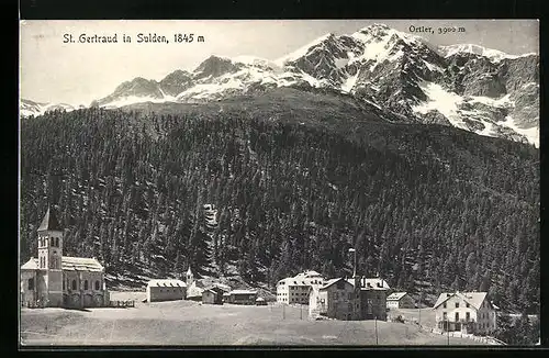 AK St. Gertraud in Sulden, Ortspartie mit Kirche und Ortler