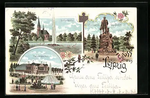 Lithographie Leipzig, Lutherkirche, Palmengarten, Bismarck-Denkmal