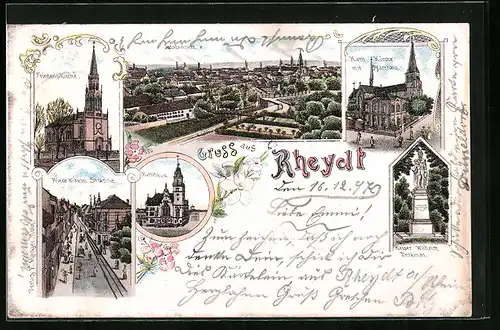 Lithographie Rheydt, Friedenskirche, Totalansicht, Friedrich-Wilhelm-Strasse, Rathaus, Friedrich-Wilhelm-Strasse