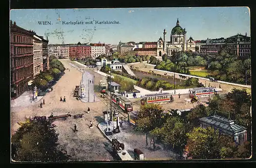 AK Wien, Karlsplatz mit Karlskirche und Strassenbahn