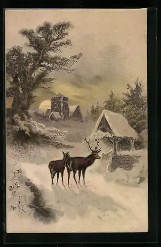 Künstler-AK Meissner & Buch (M&B) Serie 1404: Waldesfrieden, Winterlandschaft mit Hirsch und Reh