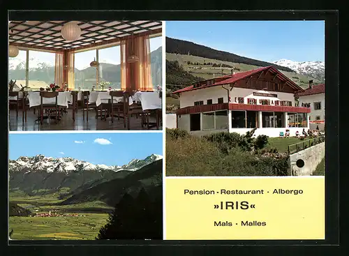 AK Mals, Pension-Restaurant Iris Albergo in zwei Ansichten mit Ortsansicht