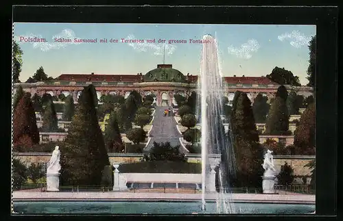 AK Potsdam, Schloss Sanssouci mit den Terrassen und der grossen Fontaine