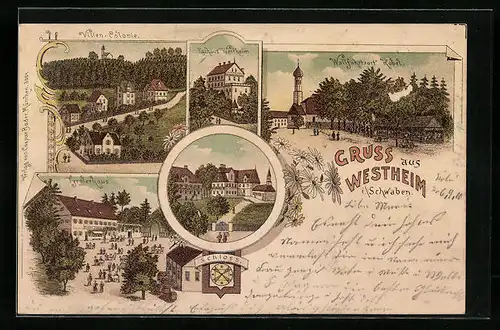 Lithographie Westheim /Schwaben, Kurhaus Westheim, Villen-Colonie, Tyrolerhaus