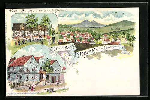 Lithographie Bremke b. Göttingen, Totalansicht mit Hotel Berggarten