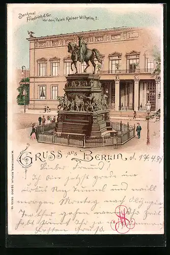 Lithographie Berlin, Denkmal Friedrich d. Gr. vor dem Palais Kaiser Wilhelm I.