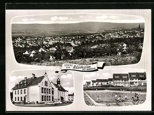 AK Mülheim / Koblenz, Ortsansicht mit der Kirche, Rathaus, Freibad