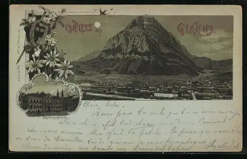 Mondschein-Lithographie Glarus, Totalansicht mit Regierungsgebäude