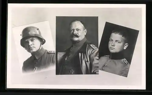 AK Soldat in Uniform mit Orden, Soldat mit Helm und junger Soldat, Uniformfoto