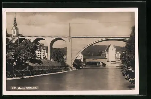 AK Baden, Uferpartie mit Kirche und Brücke