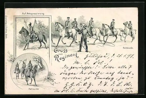 Lithographie Regiment bei der Reitstunde, auf Rekognoszierung und bei der Patrouille