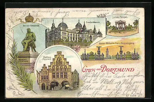 Lithographie Dortmund, Blick auf das Kaiser-Denkmal, Rathaus