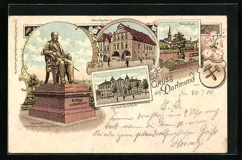 Lithographie Dortmund, Altes Rathaus, Gewerbeschule, Kaiser Wilhelm-Denkmal