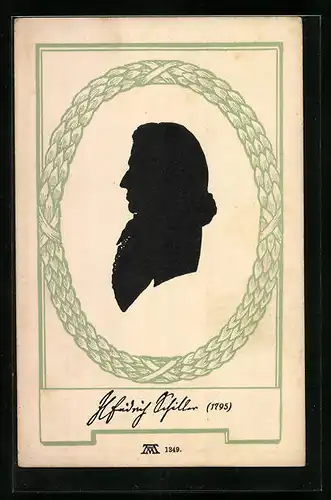 Künstler-AK Portrait Friedrich Schiller (Silhouette) im Kranz