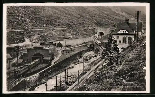 AK Göschenen, Blick auf die Gotthard- und Schöllenen-Bahn