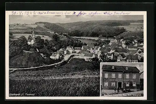 AK Diethardt i. Taunus, Gasthaus Crecelius, Teilansicht mit Kirche