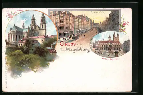 Lithographie Magdeburg, Dom, Alter Markt, Strasse Breiter-Weg