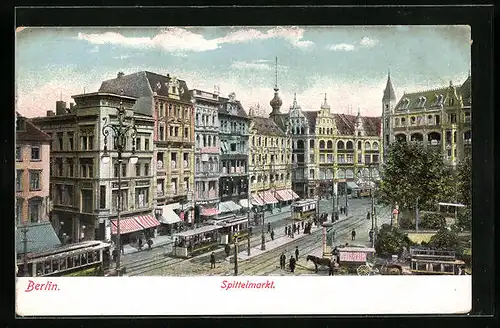 Lithographie Berlin, Strassenbahnen auf dem Spittelmarkt