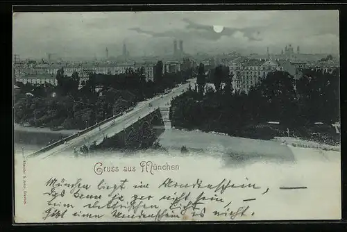 Mondschein-AK München, Stadttotale mit der Brücke über die Isar