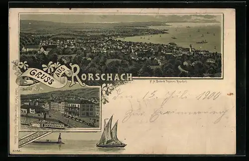 Lithographie Rorschach, Ortsansicht aus der Vogelschau mit Bahnhof und Hafen