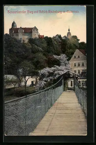 AK Rochsburg i. Muldentale, Partie am schwankenden Steg mit Blick auf das Schloss