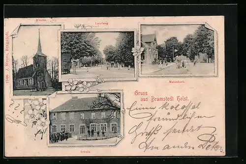 Passepartout-AK Bramstedt /Holst., Kirche, Schule, Landweg und Maienbeck