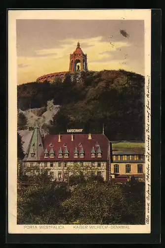 AK Porta Westfalica, Kaiser Wilhelm-Denkmal mit Hotel Kaiserhof