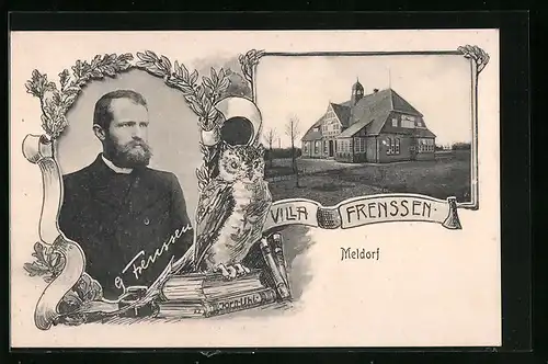 AK Meldorf, Villa Frenssen mit Portrait des Schriftstellers