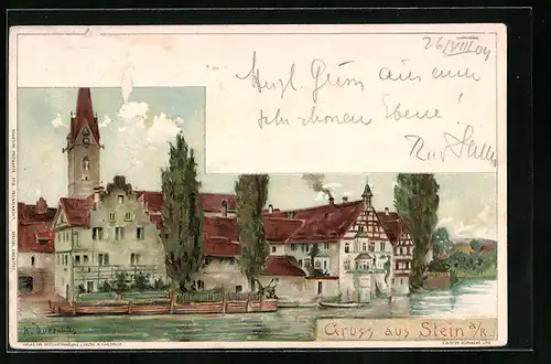 Lithographie Stein a. R., Uferpartie mit Kirchturm vom Wasser aus