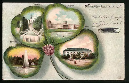 Passepartout-Lithographie Wilhelmshöhe b. Cassel, Hotel Schombardt, Schloss und Herkules im Kleeblatt