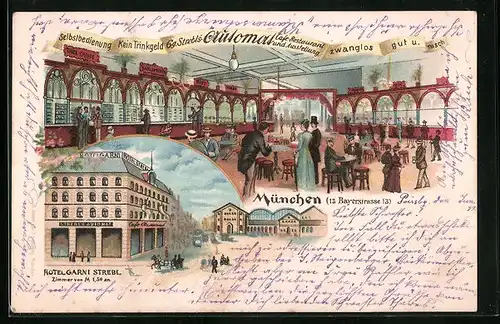 Lithographie München, Hotel Garni Strebl mit Automat-Cafe-Restaurant, Bayerstrasse 13