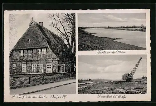 AK Balge i. H. Gasthof unter den Linden, Partie an der Weser, Kanalbau