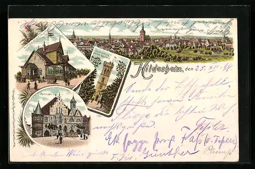 Lithographie Hildesheim, Gasthaus auf dem Galgenberg, Aussichtsturm, Rathaus