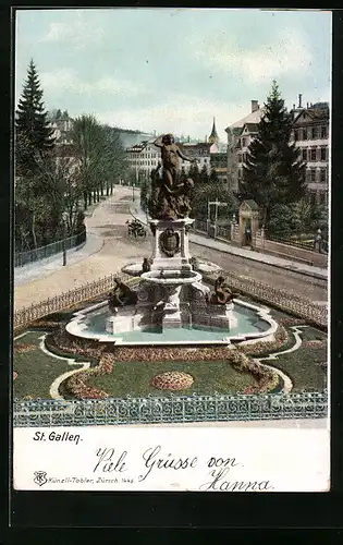 AK St. Gallen, Teilansicht mit Brunnen