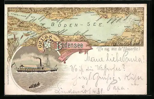 Lithographie Landkarte vom Bodensee und Umgebung mit Vexierbild, Dampfer