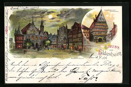 Lithographie Hildesheim, Marktplatz mit Templerhaus und Wedekindhaus bei Mondschein, Knochenhauer Amtshaus