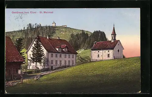 AK Pfäffikon, Gasthaus zum Etzel - St. Meinrad und Kapelle